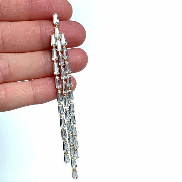 New ~ Anthropologie Shashi Cascading Baguette Crystal Fringe Gold Earrings - Picture 3 of 5